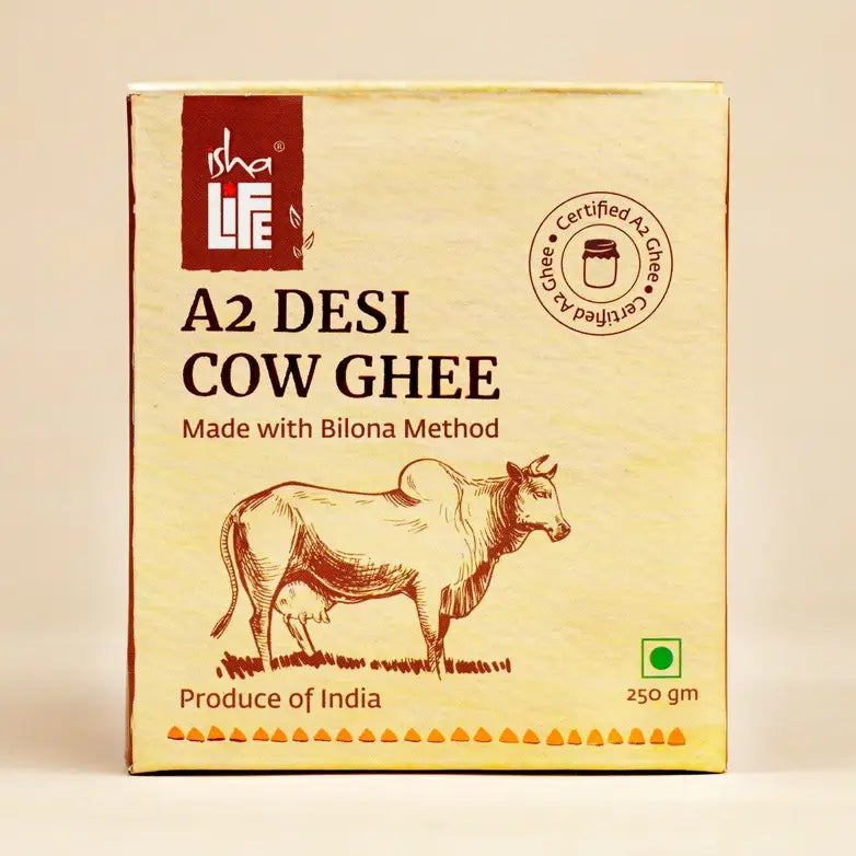 Pure A2 Desi Cow Ghee(250gm). Made traditionally from curd. Made from grass-fed free grazing desi cows' milk. Extracted using non-exploitative methods. Bilona ghee