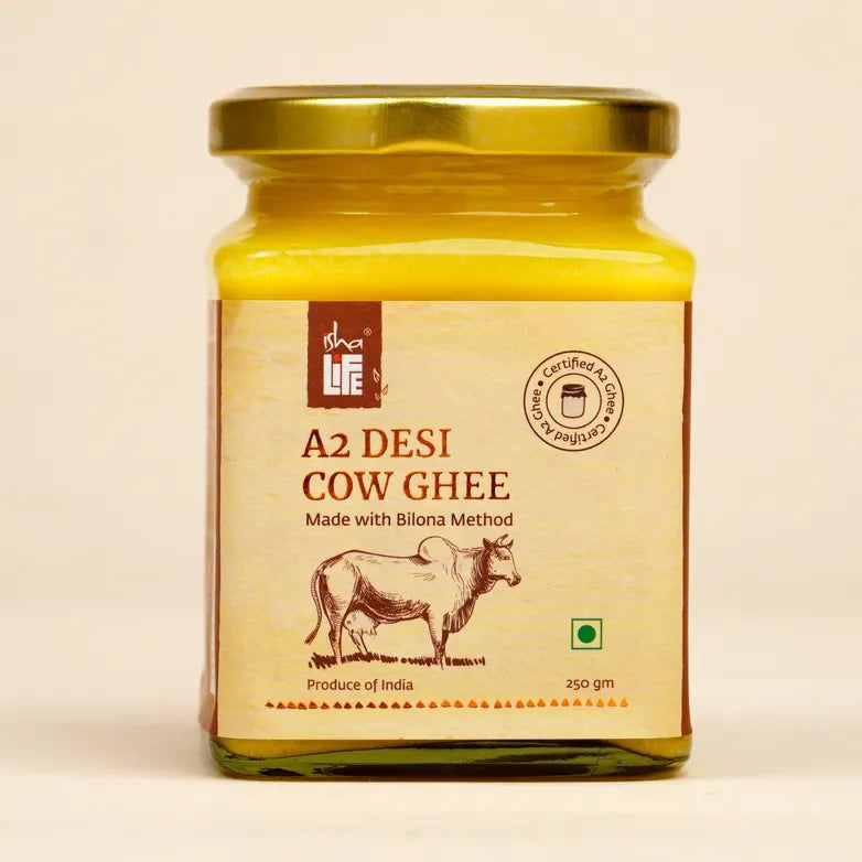 Pure A2 Desi Cow Ghee(250gm). Made traditionally from curd. Made from grass-fed free grazing desi cows' milk. Extracted using non-exploitative methods. Bilona ghee