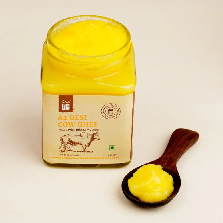 Pure A2 Desi Cow Ghee(250gm). Made traditionally from curd. Made from grass-fed free grazing desi cows' milk. Extracted using non-exploitative methods. Bilona ghee