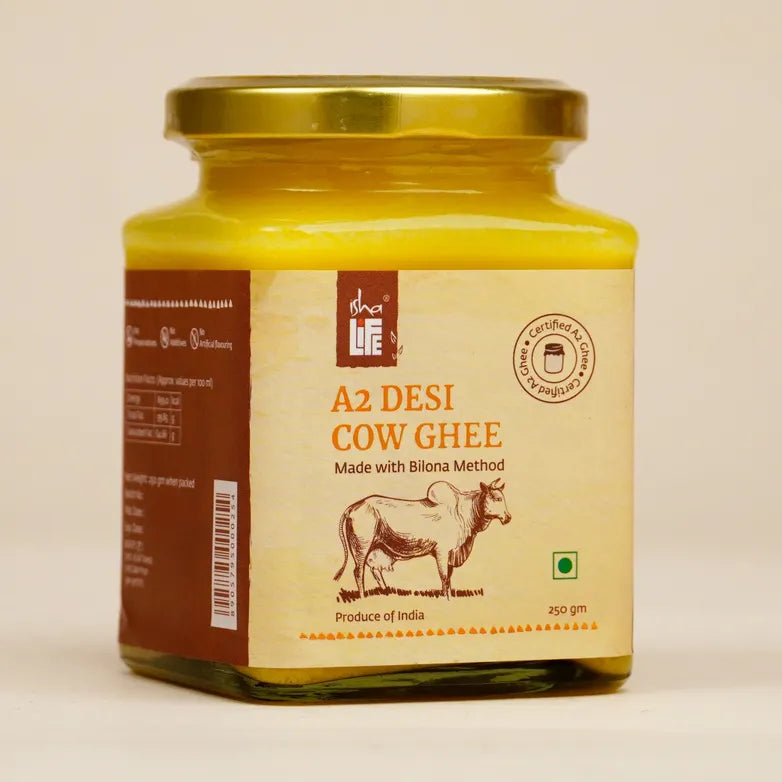 Pure A2 Desi Cow Ghee(250gm). Made traditionally from curd. Made from grass-fed free grazing desi cows' milk. Extracted using non-exploitative methods. Bilona ghee