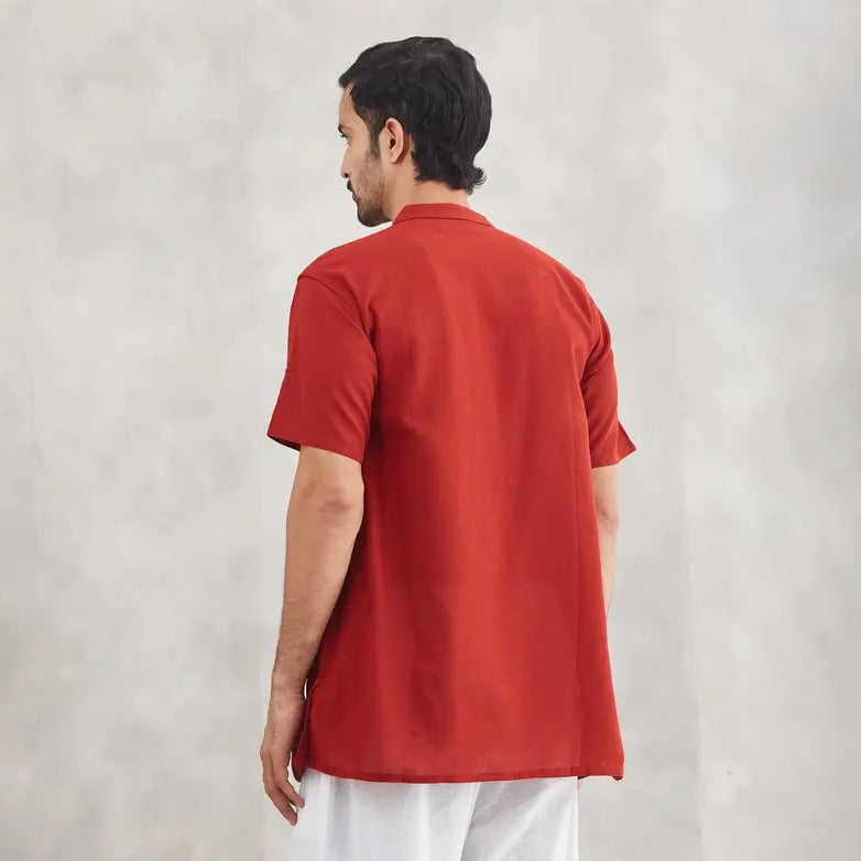 Men’s 100% organic cotton kurta with embroidered (Maroon) "Aum". Short sleeved short kurta. Relaxed fit.