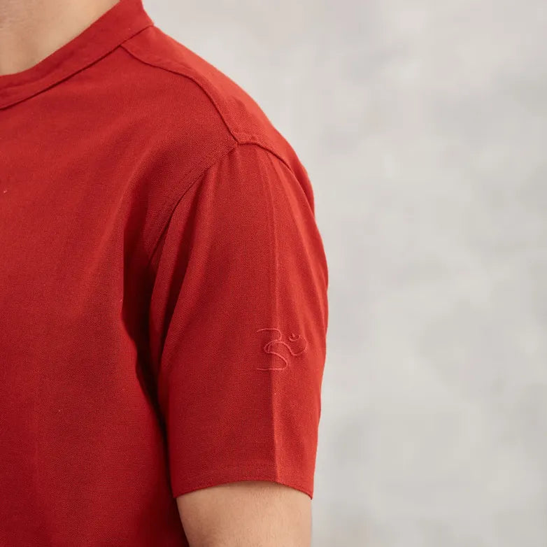 Men’s 100% organic cotton kurta with embroidered (Maroon) "Aum". Short sleeved short kurta. Relaxed fit.