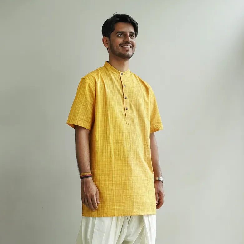 Mustard yellow half sleeve checked short kurta