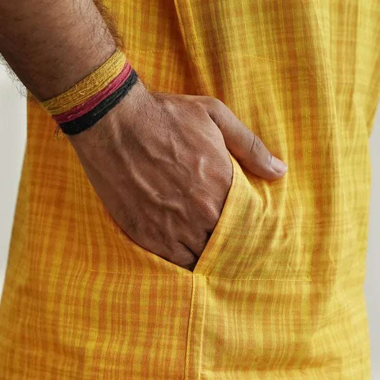 Mustard yellow half sleeve checked short kurta